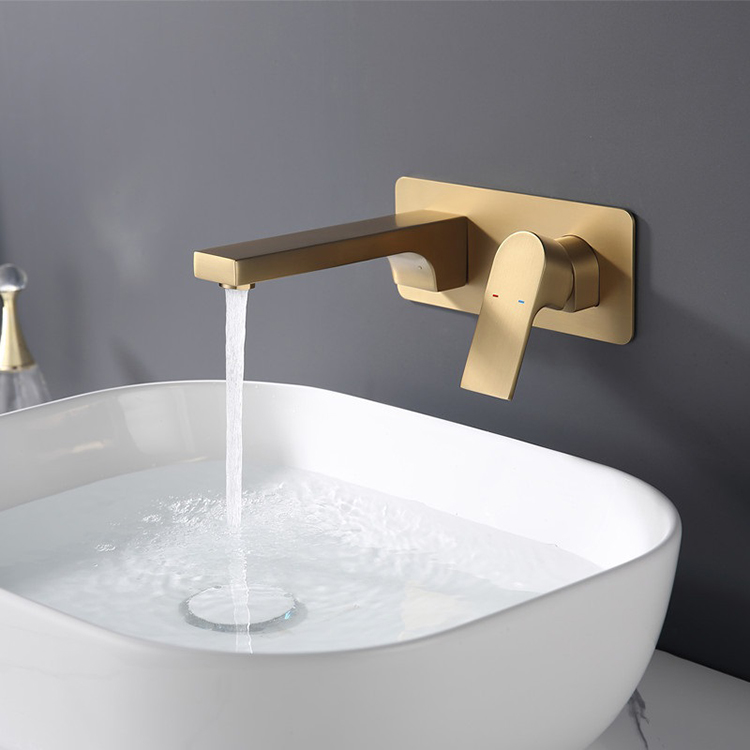 Single Hole Brass Brushed Gold Bathroom Wall Mounted Conceal Wash Basin Faucets