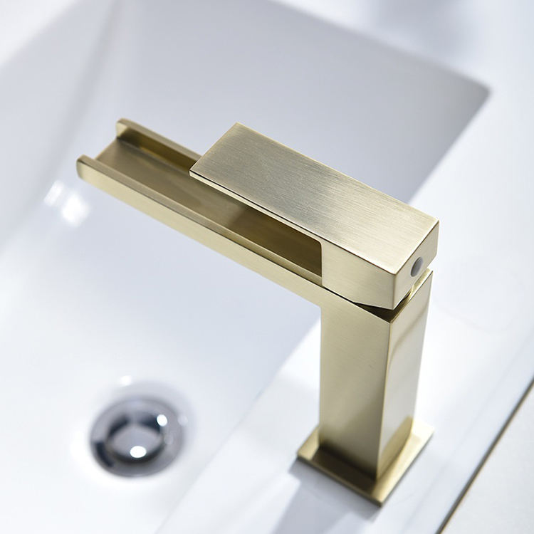Deck Mounted Single Handle Square Brass Gold Square Waterfall Bathroom Vanity Faucet Mixer Tap
