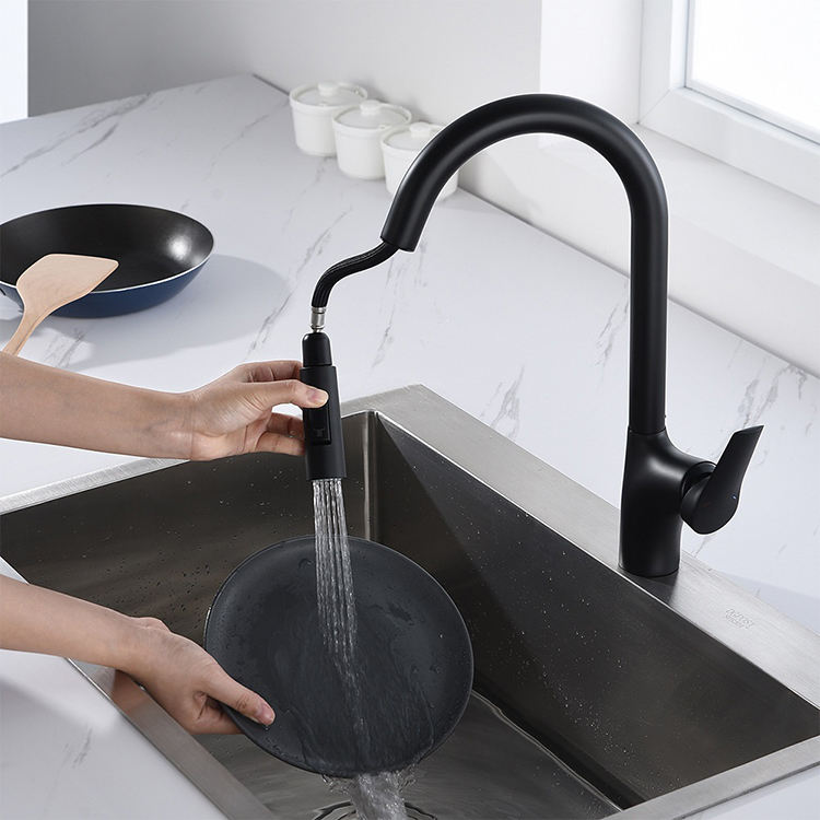 Hot sale pull out head kitchen taps 360 rotation kitchen sink faucet brass kitchen faucet matte black