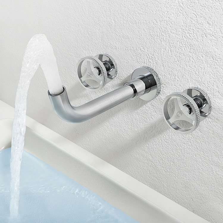 3 Hole Dual Handle Bathroom Basin Sink Faucet Tap In Wall