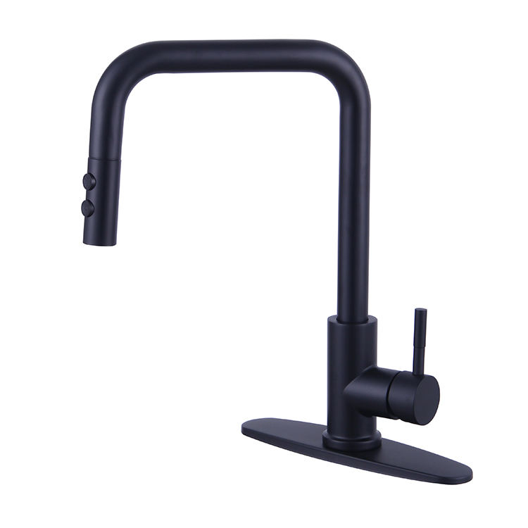 Deck Mounted Single Handle Square Arc Black Kitchen Sink Faucet with Pull Down Sprayer