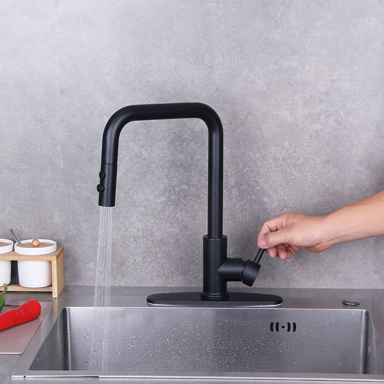 Deck Mounted Single Handle Square Arc Black Kitchen Sink Faucet with Pull Down Sprayer
