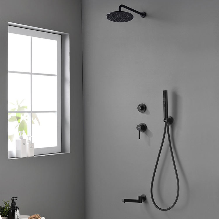 In-wall Mounted Concealed Hot Cold Water Black Brass Bath Shower Faucet Set