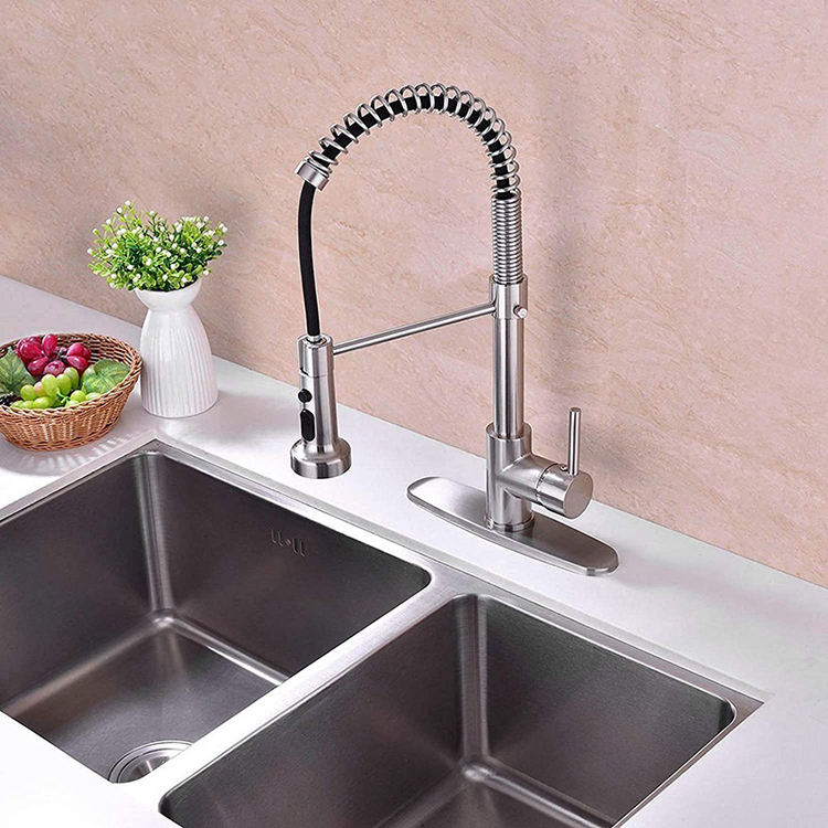 Single Handle Semi Pro Pull Down Pull Out Spring Kitchen Sink Faucet Stainless Steel
