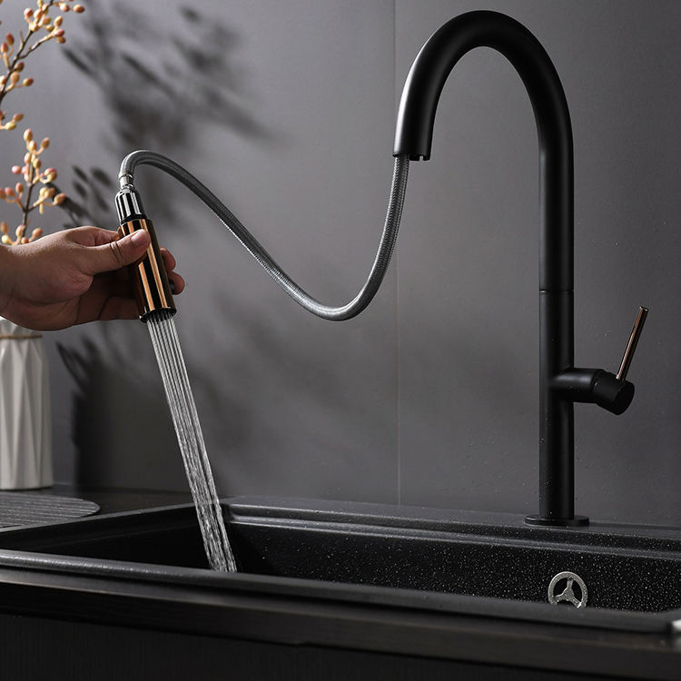 Single Handle Hot Cold Water Function Brass Black Pull Down Water Faucet Kitchen Tap