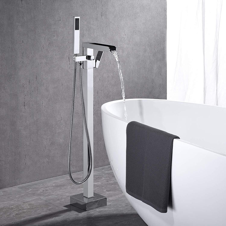 Contemporary Waterfall Tub Filler Brass Black Bathroom Floor Mount Freestanding Bathtub Faucet