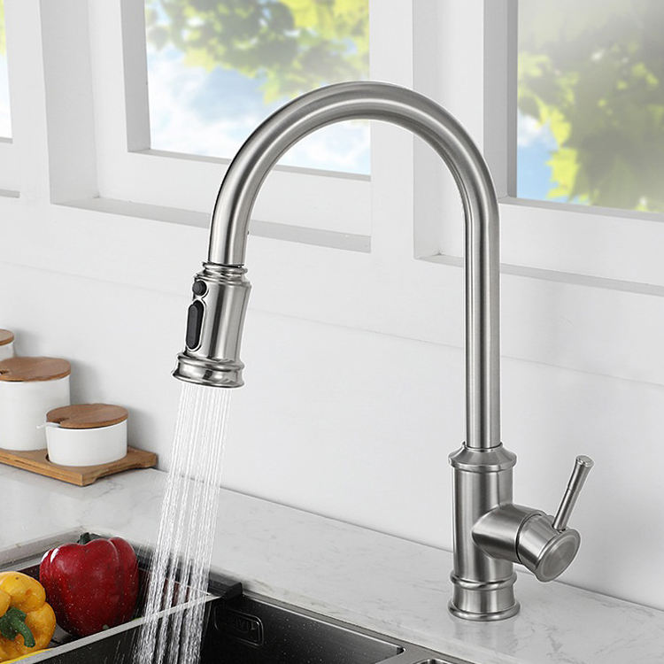Goose Neck 304 Stainless Steel Golden Pull Down Kitchen Sink Faucet