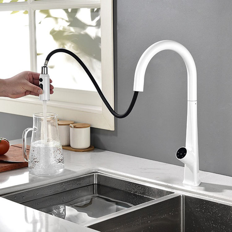 deck-mounted kitchen faucet touchless pull down kitchen mixer infrared smart water tap with pull-down sprayer white