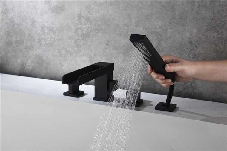 Kaiping Deck Mounted Tub Filler 4 Holes Black Waterfall Bathtub Water Faucet Set with Sprayer