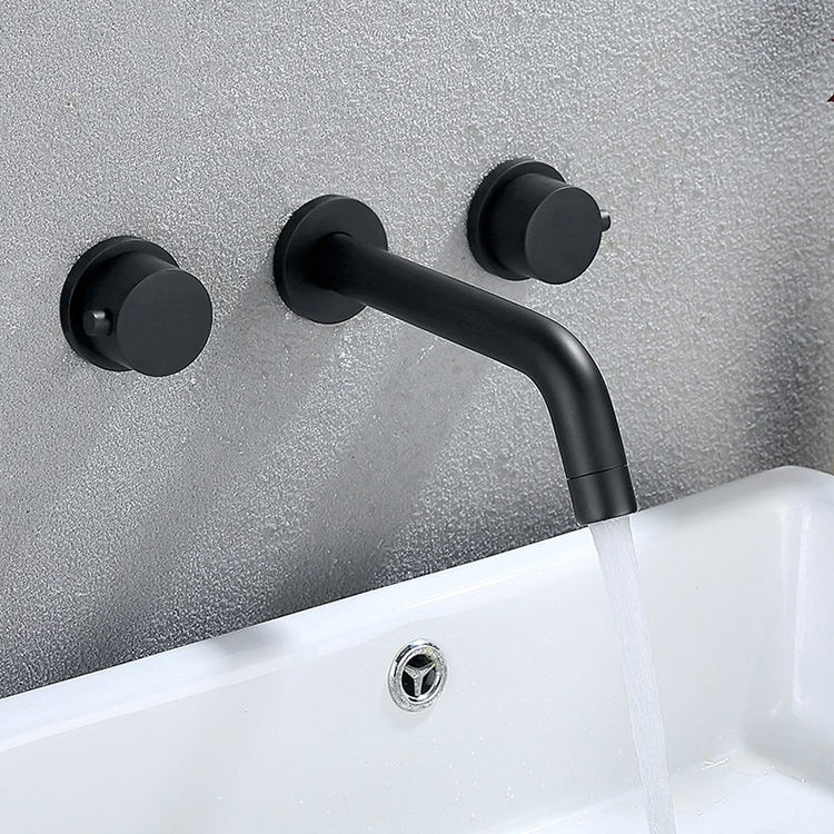 Matte Black 3 Hole 2 Handle Wall Mounted Hidden Concealed Bathroom Washroom Basin Faucet Mixer