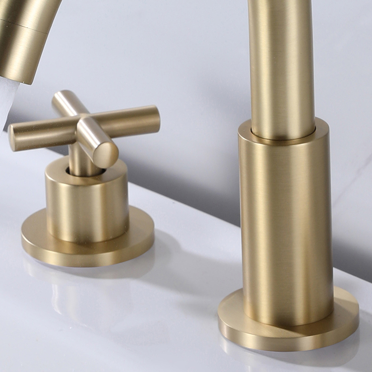 Deck Mounted Double Cross Handle 3 Hole Gold High-Arc Widespread Bathroom Basin Sink Faucet