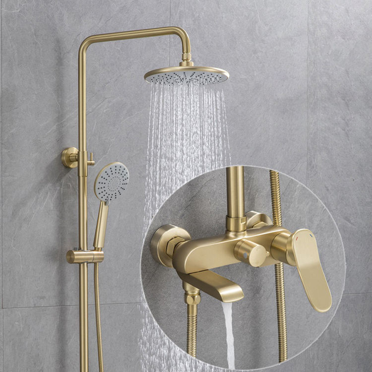 Gold Bathroom Brass Wall Mounted Exposed Rainfall Shower Faucet Mixer Set