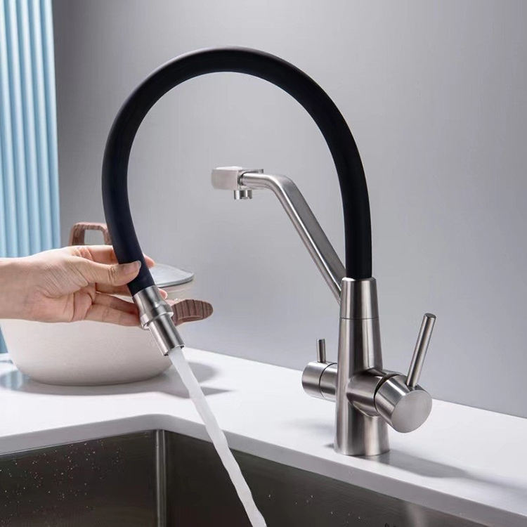 Stainless Steel Two Lever Flexible Kitchen Tap Faucet Water Purifier 3 Way