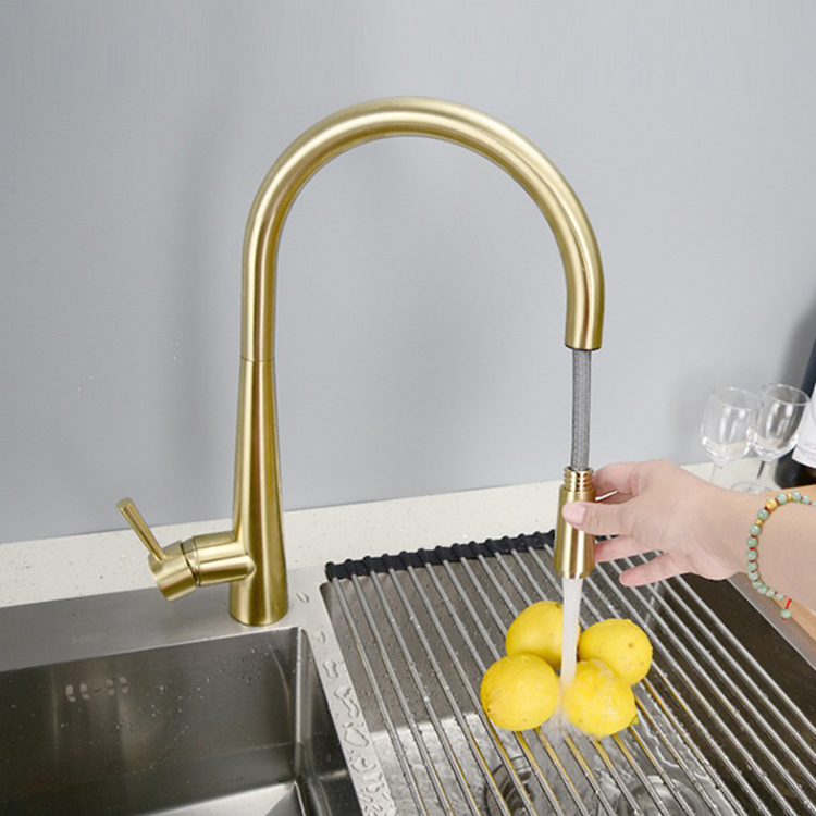 Brushed Gold Pull Down Kitchen Sink Faucet Mixer Tap