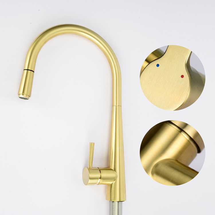 Brushed Gold Pull Down Kitchen Sink Faucet Mixer Tap