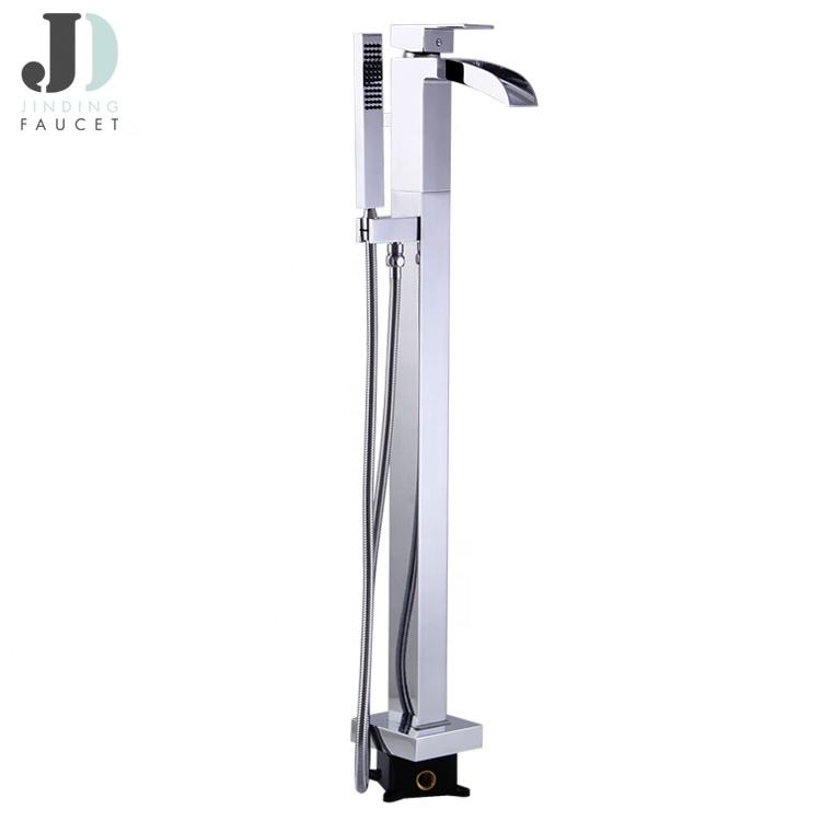 Chrome Free Floor Standing Brass Waterfall Bathtub Mixer Faucet with Hand Shower