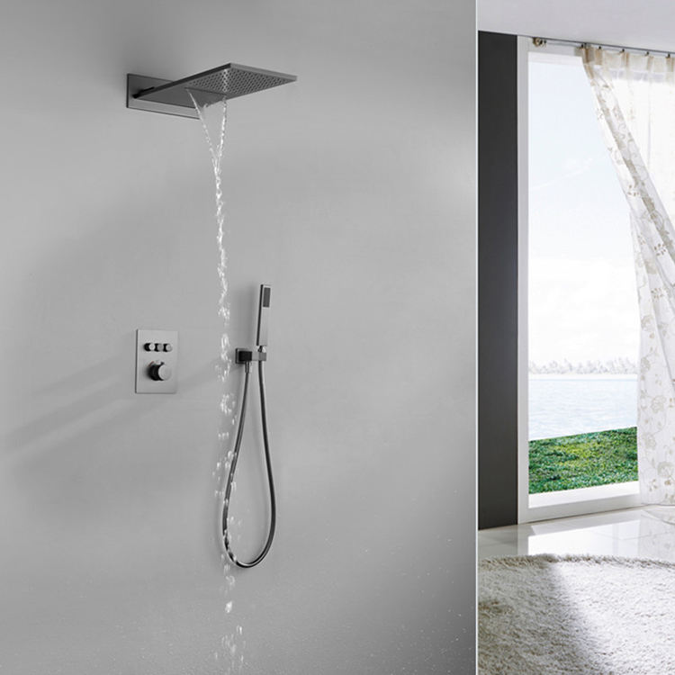 High Quality Wall Mounted Bathroom Equipment Black Thermostatic Waterfall Rain Shower Set Mixer Bath & Shower Faucet