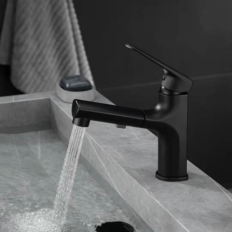 Deck Mounted Single Lever Black Pull Out Bathroom Wash Basin Sink Faucet