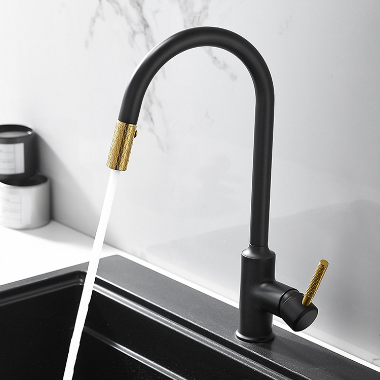 Deck Mounted Single Handle Black and Gold Kitchen Faucet Mixer Tap Pull Down
