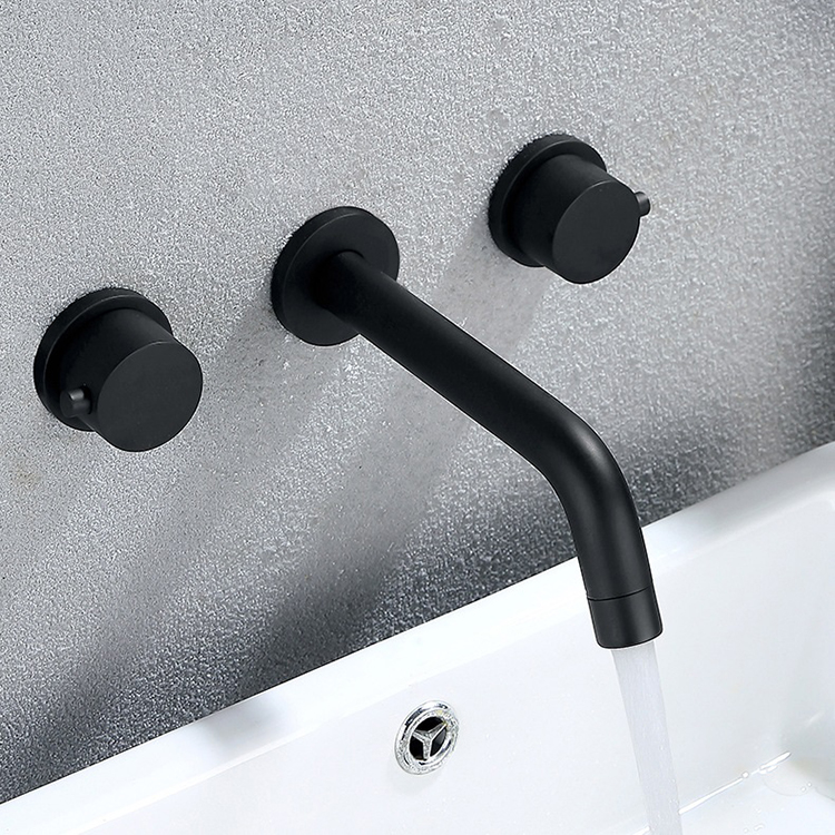 Matte Black 3 Hole 2 Handle Wall Mounted Hidden Concealed Bathroom Washroom Basin Faucet Mixer