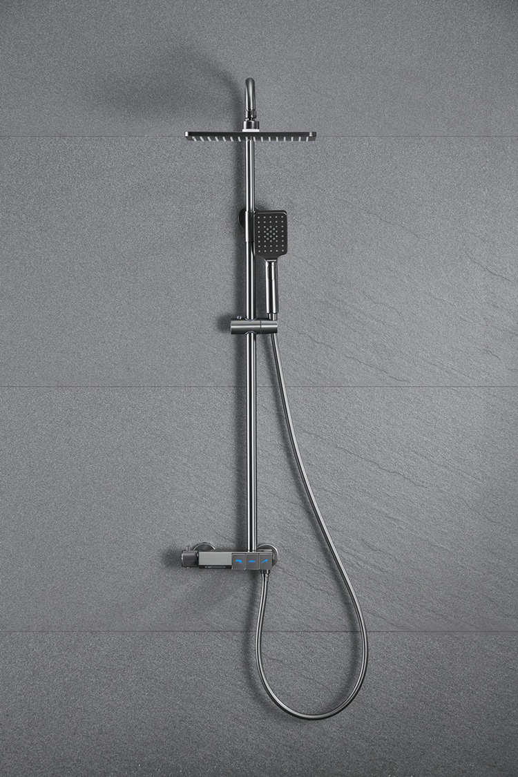 Piano Button Bathroom Exposed Thermostatic Black Rain Shower Faucet System Set