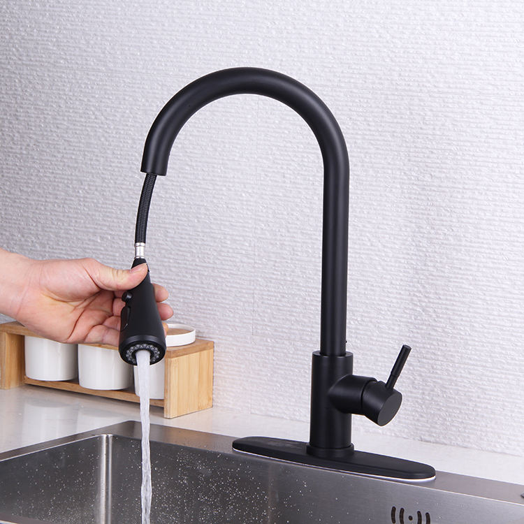360 Rotate Hot and Cold Water Chrome Black Pull Down Kitchen Faucet with Deck Plate