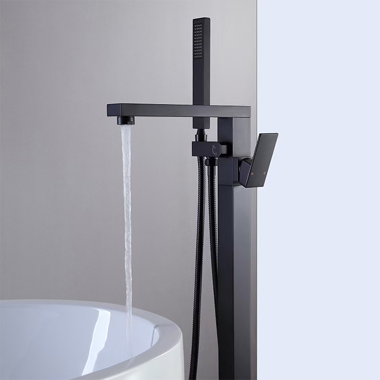 Brass Black Floor Mount Freestanding Bathtub Faucet