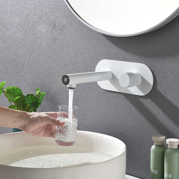 White In Wall Mounted Concealed Bathroom Digital Basin Faucet Mixer Tap