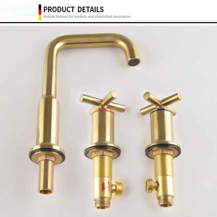 Brass Brushed Gold Double Cross Handle 3 Hole Widespread Bathroom Split Wash Basin Sink Faucet