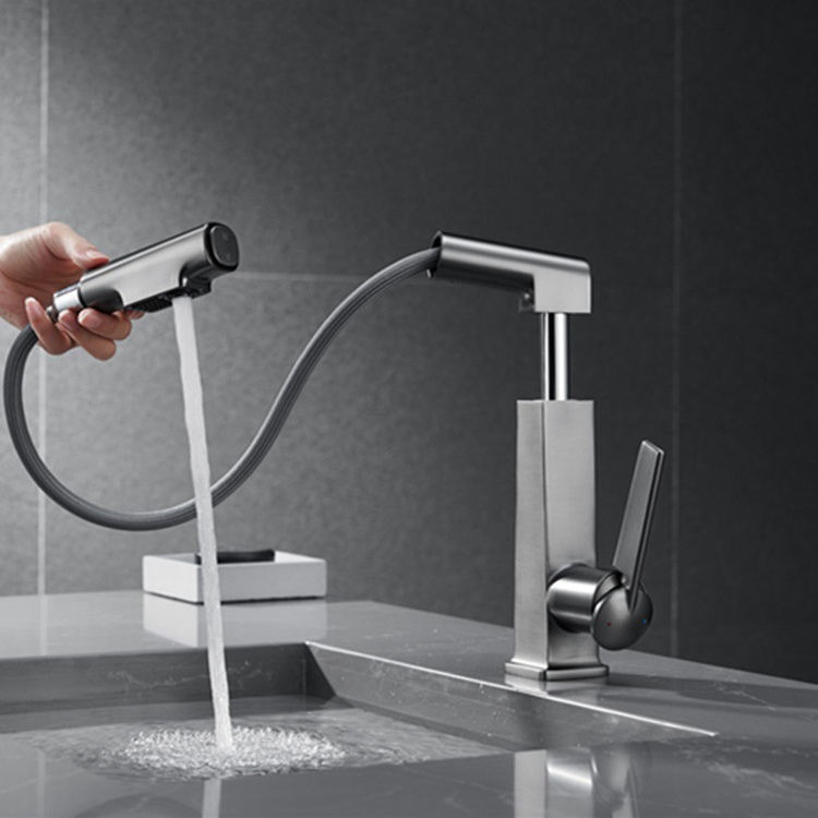 Deck Mounted Single Hole Pull Out Basin Mixer Bathroom Sink Faucet