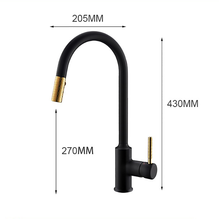 Deck Mounted Single Handle Black and Gold Kitchen Faucet Mixer Tap Pull Down