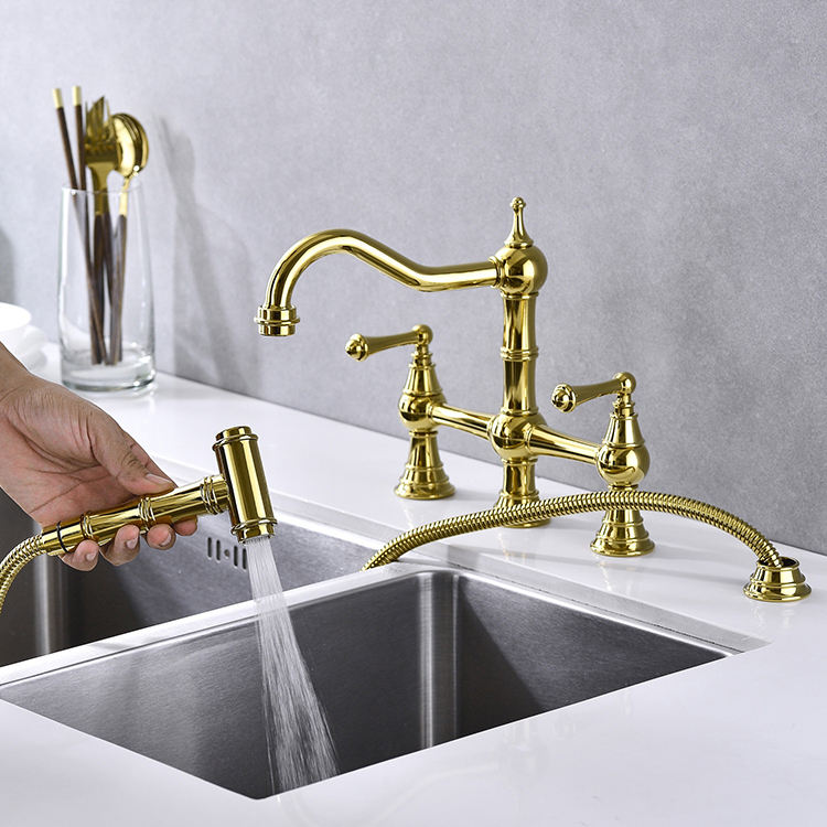 Brushed Gold Color Surface Dual Handle Brass Bridge Hot Cold Water Function Faucet Kitchen