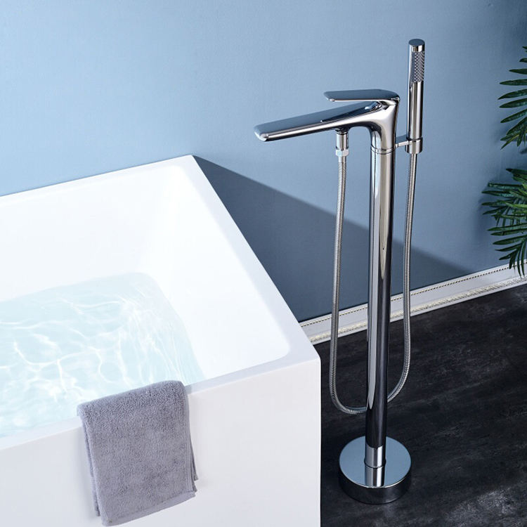 Chrome Floor Mounted Bathtub Mixer Free Standing Bath Tub Faucet