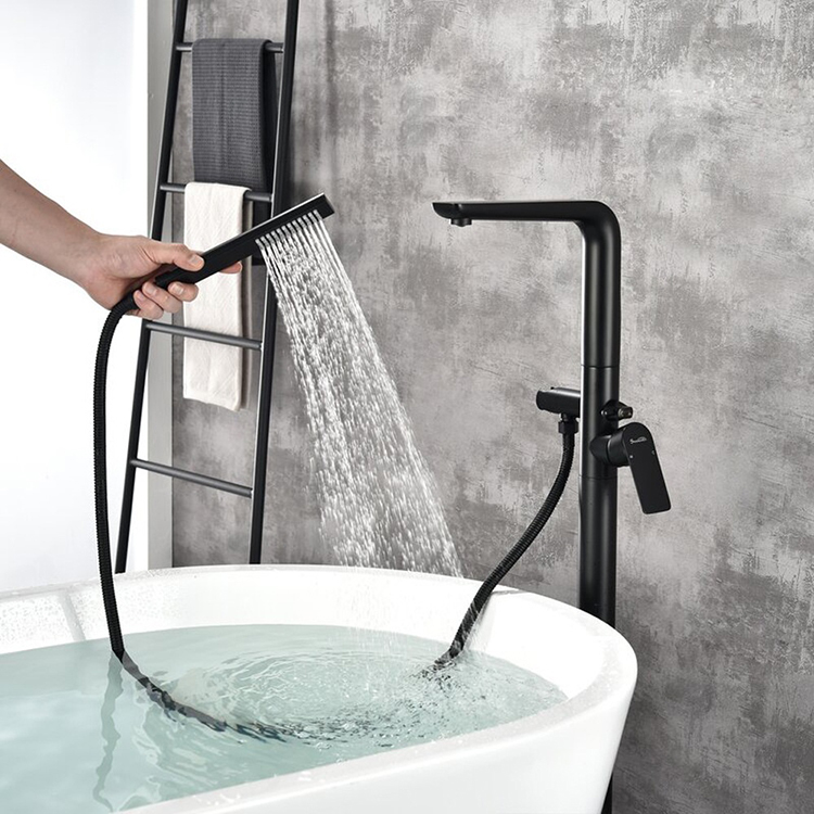 Floor Mounted Hot Cold Water Function Brass Freestanding Bathtub Faucet Shower