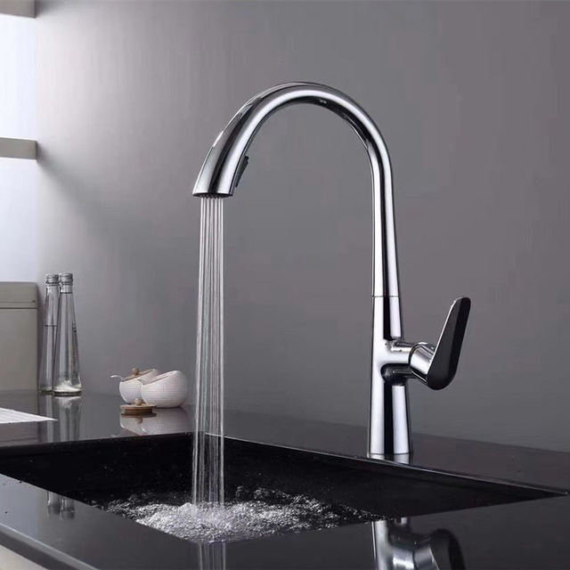 360 Rotation Chrome Black Swivel Pull Out Spray Kitchen Faucet Mixer