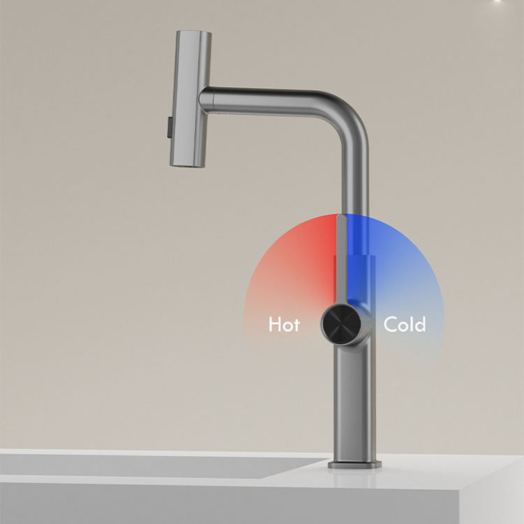 New Design Brass Single Hole Pull Out Waterfall Kitchen Sink Tap Faucet with 3 Function Sprayer