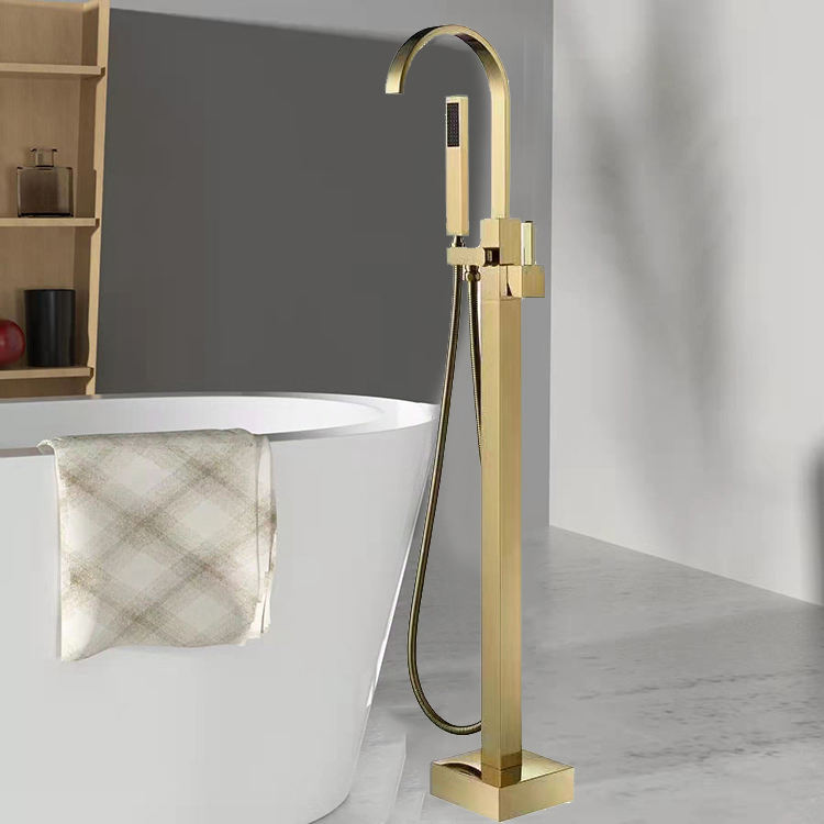 Brass Tub Filler Floor Mounted Freestanding Bathtub Faucet Brushed Gold