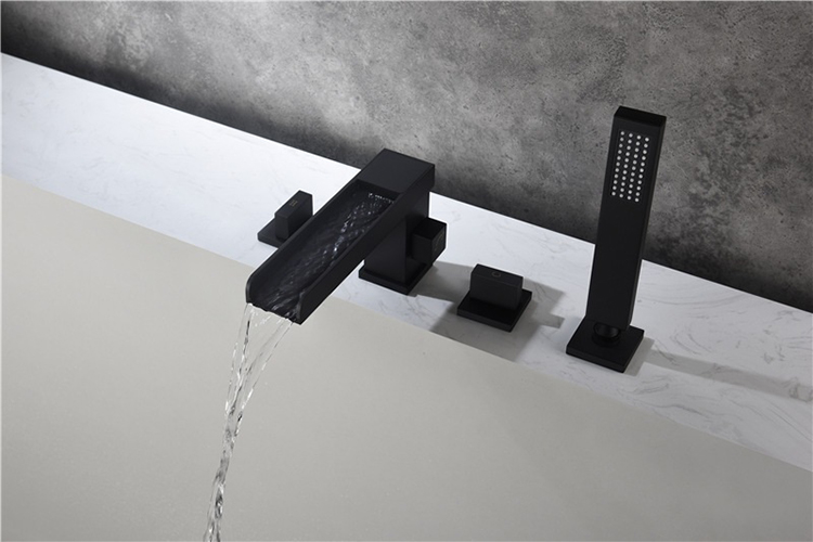 Kaiping Deck Mounted Tub Filler 4 Holes Black Waterfall Bathtub Water Faucet Set with Sprayer