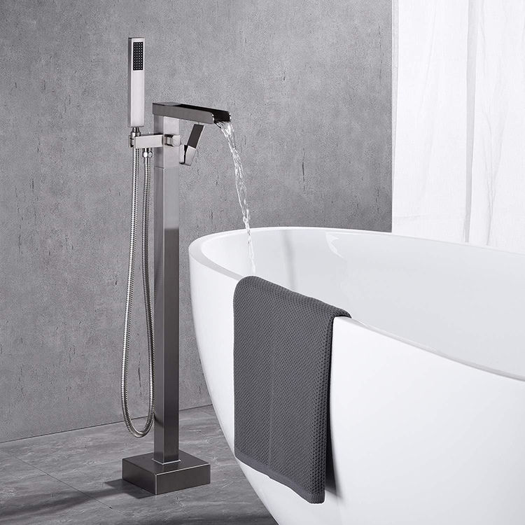 Black Brass Waterfall Tub Filler Floor Mounted Free Standing Bathtub Faucet Tap