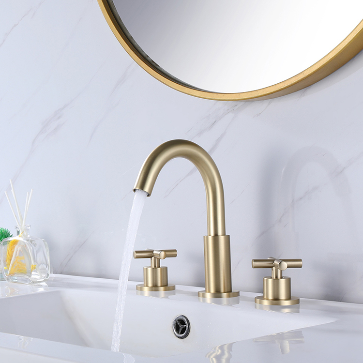 Deck Mounted Double Cross Handle 3 Hole Gold High-Arc Widespread Bathroom Basin Sink Faucet