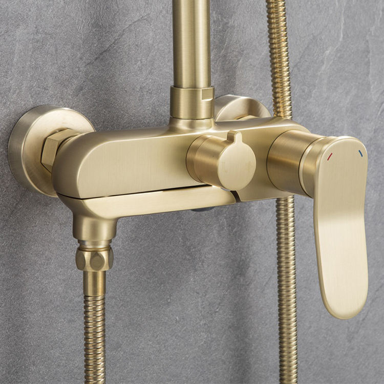 Gold Bathroom Brass Wall Mounted Exposed Rainfall Shower Faucet Mixer Set