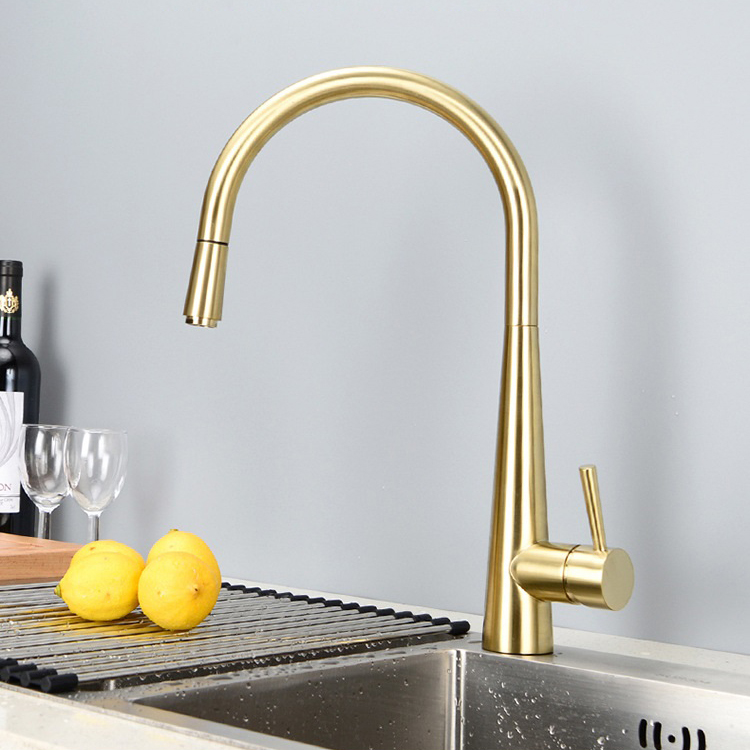 Brushed Gold Pull Down Kitchen Sink Faucet Mixer Tap