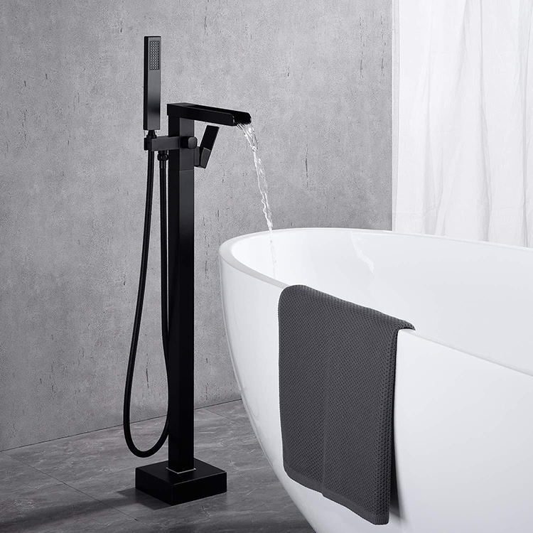 Waterfall Tub Filler Brass Floor Stand Free Standing Black Bathtub Faucet