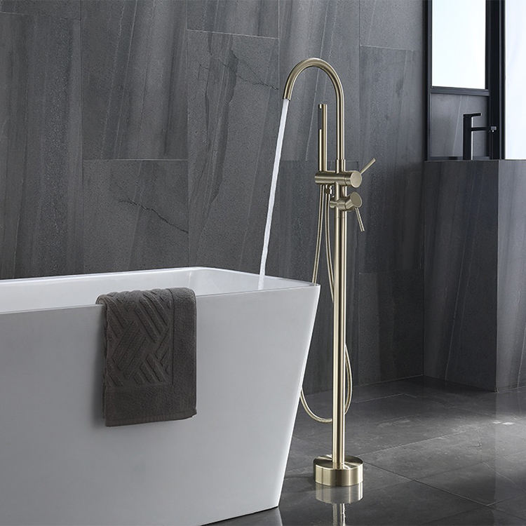 Modern Brass Gold Roman Tub Filler Floor Standing Freestanding Bathtub Faucet