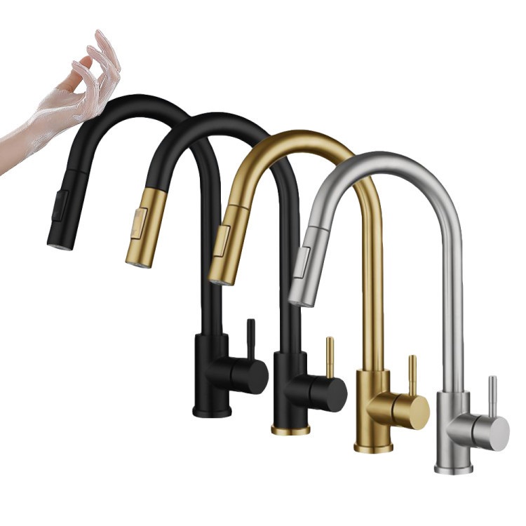 Matte Black Gold Hot and Cold 304 Stainless Steel Kitchen Sink Sensor Faucet with Pull Out Sprayer