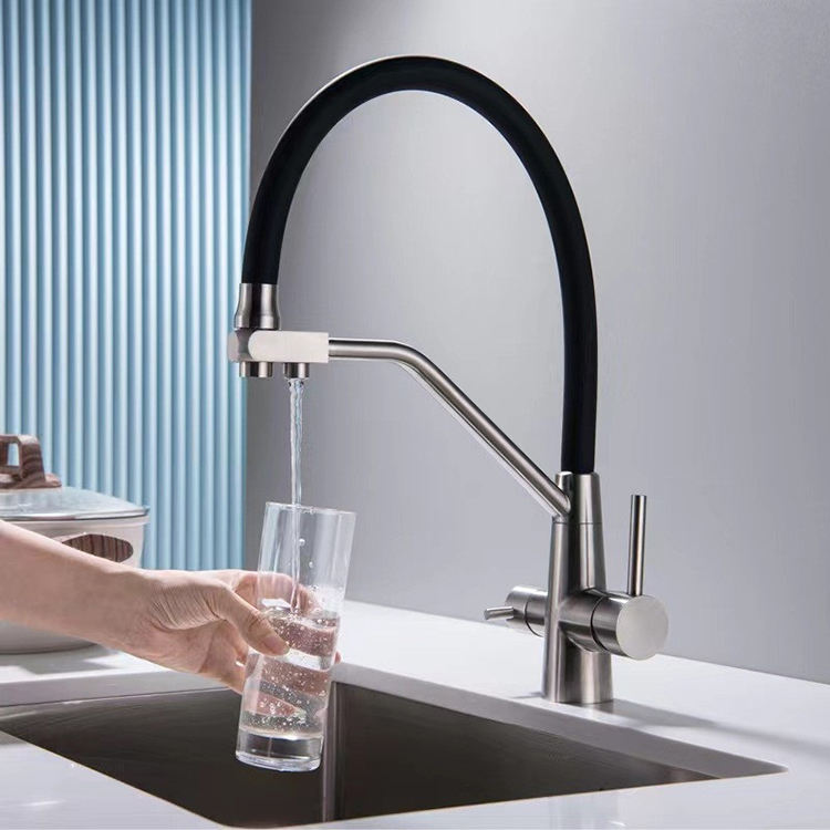 Stainless Steel Two Lever Flexible Kitchen Tap Faucet Water Purifier 3 Way