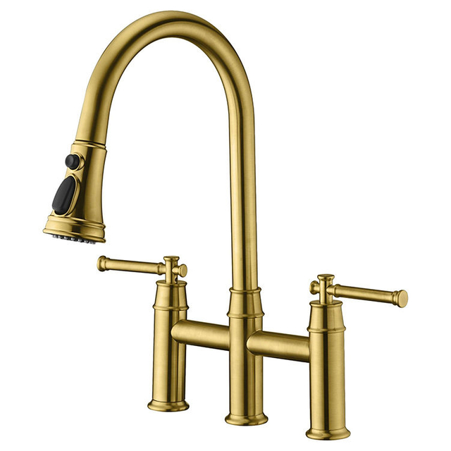 Brass 3 Holes Dual Handle Bridge Kitchen Faucet Mixer