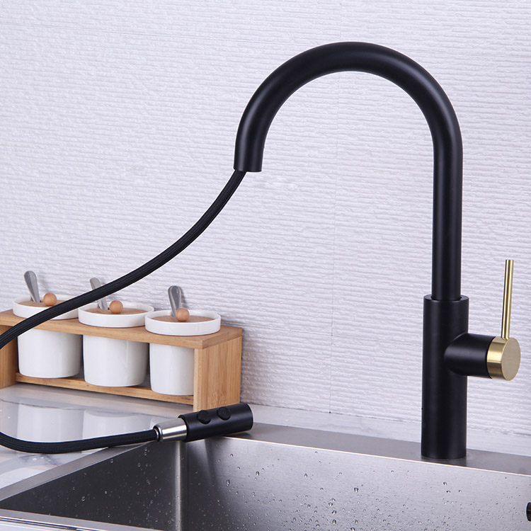 Black Gold Deck Mounted Brass Pull Down Kitchen Faucet Mixer Tap with Sprayer