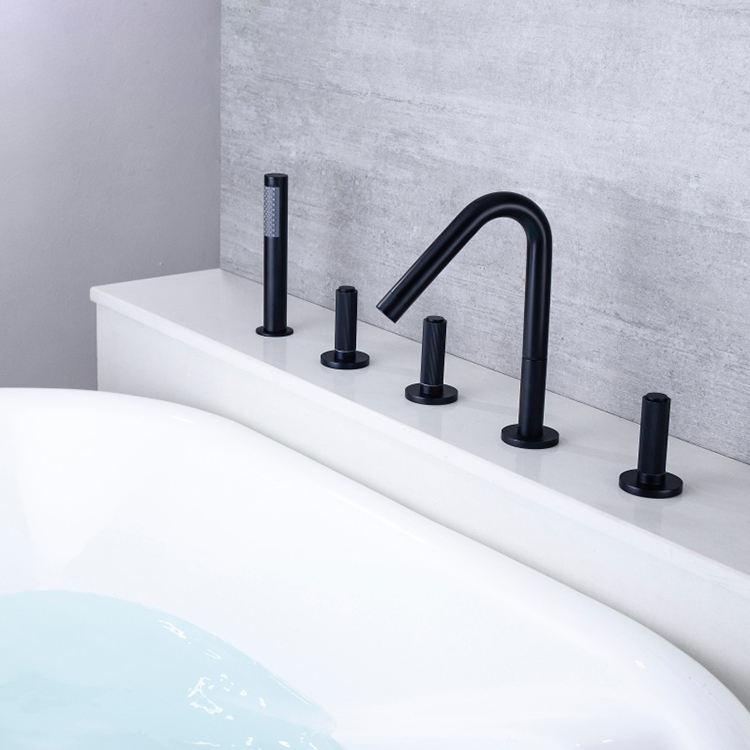 5 Holes 5 Pieces Bathroom Brass Black Bathtub Filler Soaking Tub Faucet Set