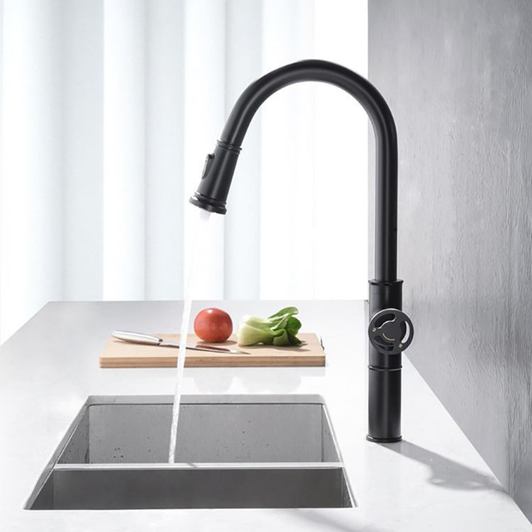 New Design Wheel Handle Black Kitchen Faucets with Pull Down Sprayer
